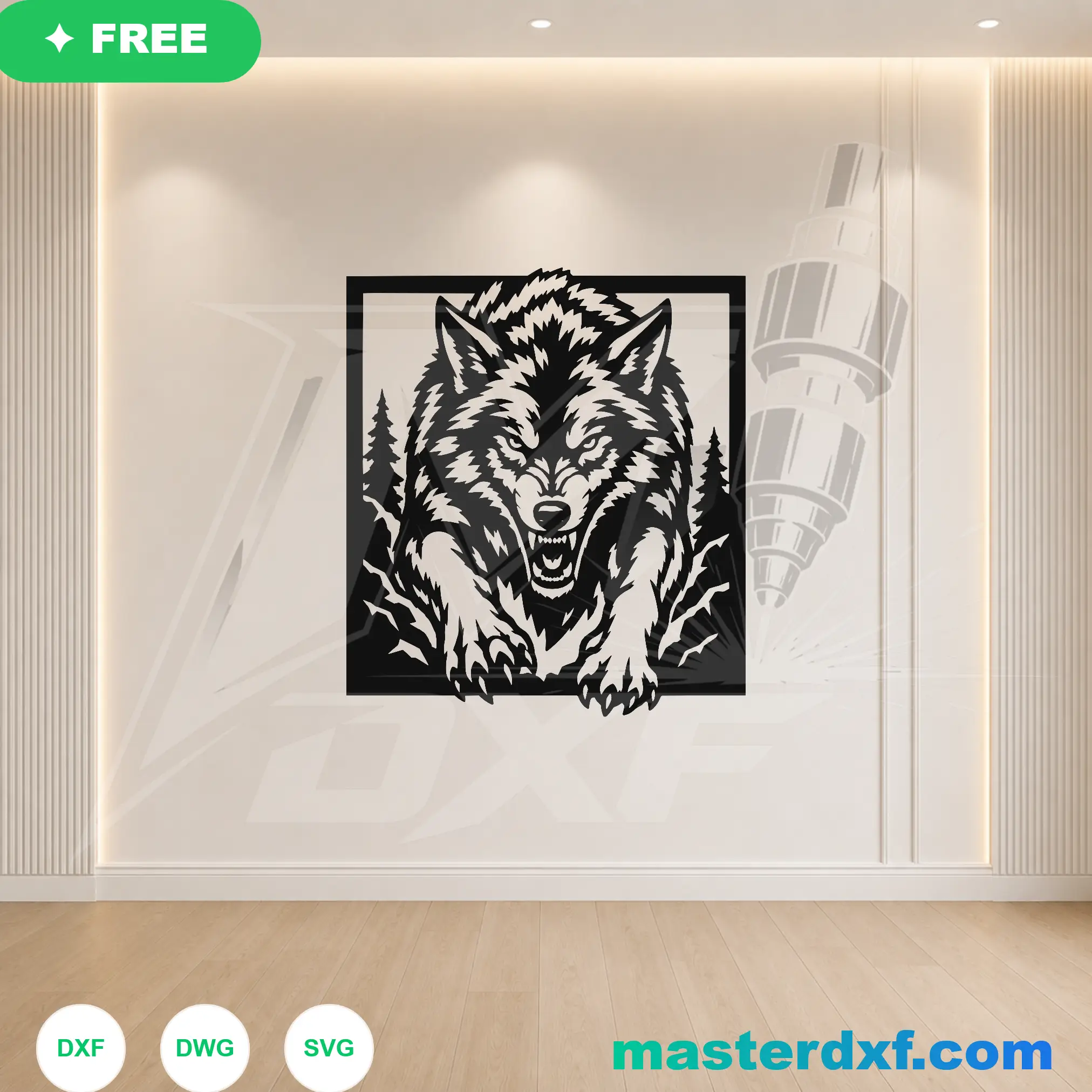 Growling Wild Wolf Pine Forest Framed Silhouette Art DXF File